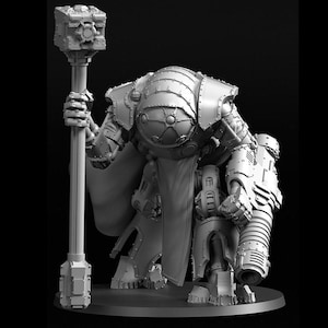 May include: A detailed grayscale figurine of a futuristic warrior, clad in segmented armor with a large, cylindrical weapon on the right side. The warrior holds a staff with a blocky head. The figure is posed on a dark surface.