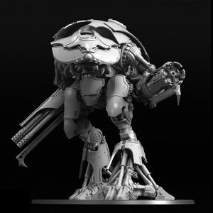 Könnte beinhalten: Graustufenbild einer detaillierten, mechanischen Kriegsmaschine. Das Modell verfügt über einen großen, gepanzerten Kopf und Torso, der von zwei gelenkigen Beinen getragen wird. Es ist mit mehreren Waffensystemen ausgestattet, darunter eine große Kanone und mehrere Läufe.