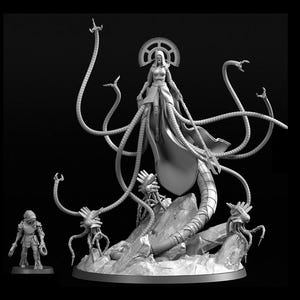 Peut inclure: Une sculpture en niveaux de gris représentant une figure féminine avec de multiples appendices en forme de tentacules, un halo et une petite figurine. La figure principale se dresse sur une base rocheuse.