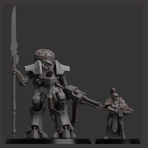 May include: A gray miniature model of a large, armored robot holding a spear and a smaller figure with a gun. The robot has a large gun attached to its arm. Both figures are on a black base.