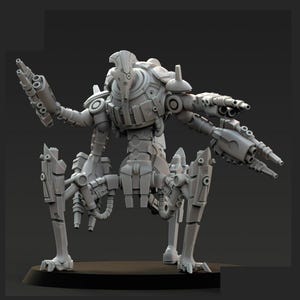May include: A gray, mechanical robot with multiple arms and legs, designed with intricate details. The robot has multiple gun barrels on each arm and a head with a pointed top. It stands on a dark base, showcasing a futuristic design.