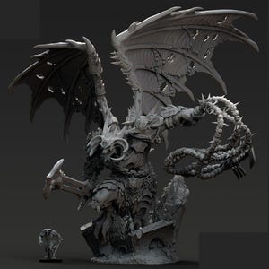 May include: A detailed, gray-toned figurine of a winged demon with a spiked chain and a sword. The demon is posed on a stone base, with a smaller figure in front. The wings are large and detailed.