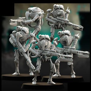 May include: A group of six gray robot figures, each armed with a rifle, stand on black circular bases. The robots have detailed mechanical designs, with rounded heads and articulated limbs, suggesting a science fiction or fantasy theme.