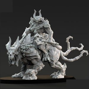 May include: A detailed, gray fantasy figurine depicting a horned warrior riding a monstrous beast. The rider is armored and holds a weapon, while the beast has a skull-like head and multiple tentacles. The figurine is set against a dark background.