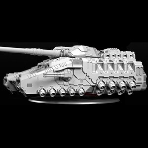 May include: A matte white scale model of a futuristic heavy tank featuring a long main cannon, a secondary side-mounted turret, and a series of multiple circular thrusters or exhaust ports along the lower hull, set against a solid black background.