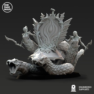 May include: A detailed, gray 3D-printed miniature of a fantasy throne, supported by a serpent with an open mouth. Two humanoid figures with snake tails flank the throne, each holding a curved blade. The throne has a central design with a sword.