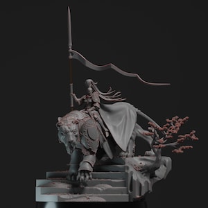 May include: A detailed gray sculpture of a warrior riding a large, armored tiger. The warrior holds a spear and a banner. The tiger is posed on a stone structure with steps, and a small tree is on the side.