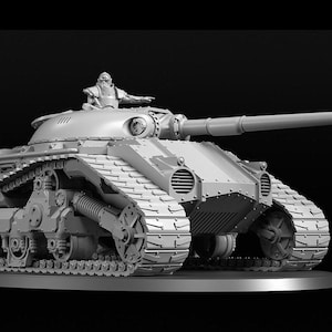 May include: A grey model tank with a long gun barrel and a figure seated on top. The tank features detailed tracks and mechanical elements, presented on a dark backdrop.