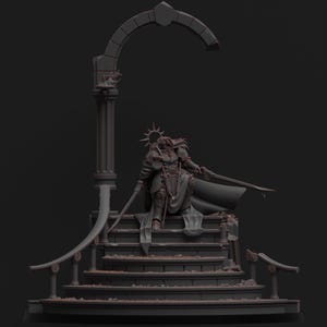 May include: A detailed, gray-toned sculpture of a figure seated on a set of steps, holding two swords. The figure wears ornate armor and a halo-like crown. The sculpture is set against a dark background, with architectural elements.