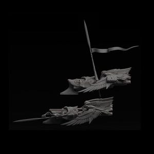 Könnte beinhalten: Zwei graue Miniaturmodelle von geflügelten Fahrzeugen. Jedes Modell verfügt über einen Speer, Flügel und ein Banner. Die Fahrzeuge haben detaillierte Designs, mit Fokus auf die Flügel und den vorderen Bereich. Der Hintergrund ist einfarbig schwarz.