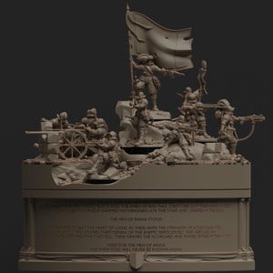 May include: A detailed sculpture depicting a battle scene with soldiers, a cannon, and a flag. The figures are in period attire, and the flag has a hole. The base of the sculpture has engraved text. The overall color is a neutral beige.