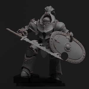 Puede incluir: Figura gris detallada de un guerrero con armadura ornamentada, sosteniendo una espada grande y un escudo. El guerrero está en una postura dinámica, con diseños intrincados en la armadura y las armas. La figura está sobre una base negra.