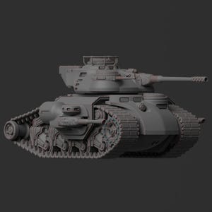 Puede incluir: Un modelo de tanque gris con un cañón largo y orugas detalladas. El tanque tiene una torreta con características adicionales y un diseño cuadrado. La imagen es una representación 3D, que muestra los componentes mecánicos y la estructura general del tanque.