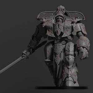 May include: A grey figurine of a heavily armoured warrior holding a sword. The armour features intricate designs, including wings and floral patterns. The figure stands on a black base, with a dark background.