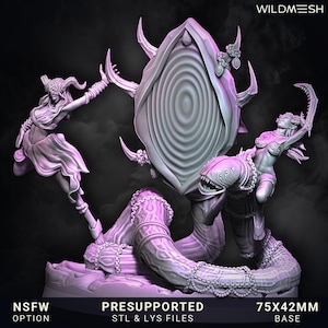 May include: A purple-toned 3D printed miniature set featuring two horned figures flanking a large central oval portal. One figure stands while the other rides a serpentine creature with multiple eyes and sharp teeth. Includes a 75x42mm base.