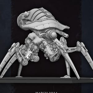 May include: A light grey, multi-legged mechanical spider figurine featuring a large, curved, riveted carapace, multiple articulated joints, and integrated weaponry. The base of the model displays the text MARCH 2024 in a clear, sans-serif font.