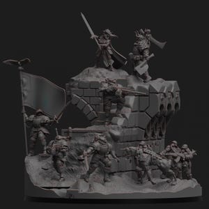 May include: A detailed grayscale miniature scene featuring several figures in armor, some holding weapons and a flag. The figures are positioned on a rocky, fortress-like structure. The scene evokes a fantasy or historical battle.