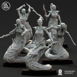 May include: A collection of five gray fantasy miniatures of snake-bodied warriors, each posed with weapons. The figures have detailed armor and are on black bases. The image includes the text "ONE PAGE RULES" and "ENGINEERED SUPPORTS".