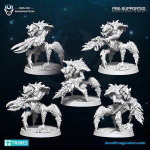 May include: Five unpainted white resin miniature figures of insectoid creatures with sharp claws and armoured carapaces, each standing on a circular base. The text Den of Imagination, Pre-Supported, and Tribes is visible on the dark background.