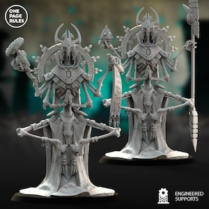 May include: Two gray, detailed miniature figures of a skeletal humanoid with ornate headgear and robes. Each figure holds a staff or scepter. The figures are on a black base. The text "ONE PAGE RULES" is in the upper left corner.
