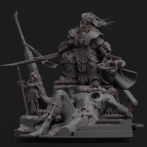 May include: A detailed gray miniature sculpture depicting a warrior figure standing over a fallen giant. The warrior is armored and holds a weapon, while a smaller figure stands nearby. The scene is set on a stone base.