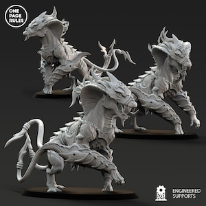 May include: Three gray fantasy creature figurines with detailed armor and a dragon-like appearance. The figurines are in various poses, with the text "ONE PAGE RULES" and "ENGINEERED SUPPORTS" visible.