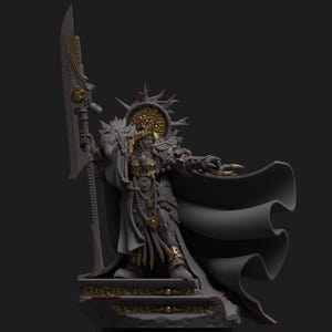 May include: A detailed figurine of a warrior in ornate armor, holding a large weapon. The figure is predominantly gray with gold accents, including a halo and intricate detailing on the armor and weapon. The warrior is standing on a decorative base.