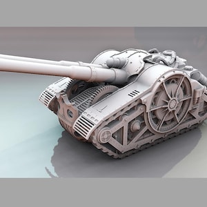 May include: A light grey model tank with two large barrels. The tank has detailed mechanical features, including tracks, gears, and a complex turret design. The overall aesthetic suggests a futuristic or steampunk theme, with a focus on engineering.