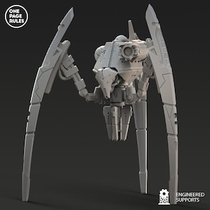 Puede incluir: Modelo gris impreso en 3D de un caminante robótico con múltiples patas articuladas y grandes estructuras en forma de ala. El modelo tiene intrincados detalles mecánicos y está diseñado para juegos de mesa. El texto "ONE PAGE RULES" y "ENGINEERED SUPPORTS" son visibles.