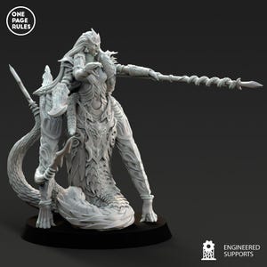Puede incluir: Figura en miniatura gris detallada de un personaje de fantasía, probablemente para juegos de mesa. La figura tiene un cuerpo inferior serpentino y está adornada con intrincada armadura y armamento, incluyendo una lanza y una espada. La figura está sobre una base negra.
