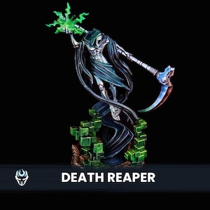 May include: A miniature figurine of a skeletal figure in a dark hooded cloak, holding a scythe and a glowing green magical energy burst. The figure stands on a base of green geometric blocks. The text DEATH REAPER is printed at the bottom.