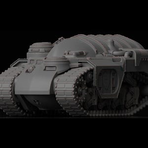 Op de afbeelding: Een grijs, futuristisch tankmodel met gedetailleerde rupsbanden en een afgeronde bovenkant. De tank heeft meerdere compartimenten en een complex ontwerp, wat wijst op een militair of sciencefiction thema. De afbeelding staat tegen een zwarte achtergrond.