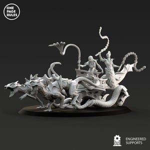 May include: A detailed, white miniature fantasy model featuring a chariot pulled by three dragon-like creatures. Two figures stand on the chariot, with the text "ONE PAGE RULES" and "ENGINEERED SUPPORTS" visible.