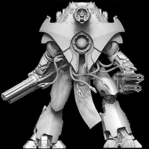 May include: A grey, mechanical war machine with a large, armoured body and multiple weapon systems. The design features intricate mechanical details, including tubes, rivets, and multiple gun barrels. The figure stands against a black background.