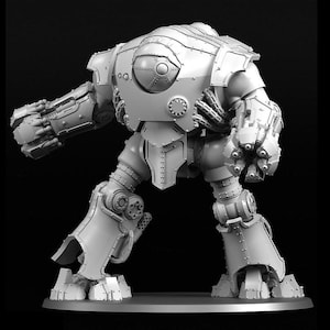 May include: A gray, mechanical war machine model with intricate details, including rivets, panels, and articulated limbs. The model stands on a circular base, showcasing a futuristic, armored design. The robot has a large, round head and powerful arms.