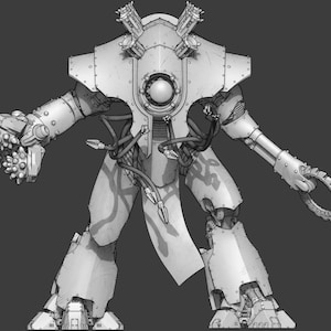 May include: A detailed monochrome illustration of a war machine. The robot has a drill-like weapon on one arm and a circular saw on the other. It features riveted armour plating and various mechanical components.