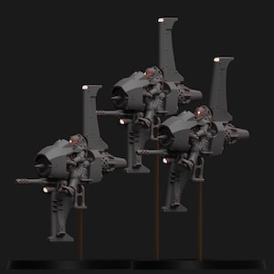 May include: Three gray miniature spacecraft models with pilots, each mounted on a stand. The spacecraft have a futuristic design with jet engines, weapons, and red-tinted visors. The models are displayed against a dark background.