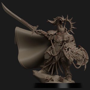 May include: A monochromatic brown miniature figurine of a warrior in ornate plate armour, holding a long sword aloft in the right hand and a circular shield with sunburst detailing in the left, wearing a tall plumed helmet and a flowing cape.