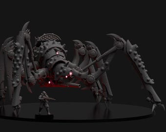 May include: A detailed, gray mechanical spider model with multiple articulated legs and a central body covered in rivets. The model has glowing red accents and is set against a dark background. A miniature figure stands in front of the spider.