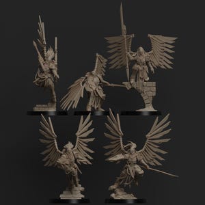 May include: Five detailed miniature figurines of winged warriors in various poses. Each figure has intricate armor and feathered wings, with some holding spears or swords. The figures are on black bases, suggesting they are for tabletop gaming or collecting.