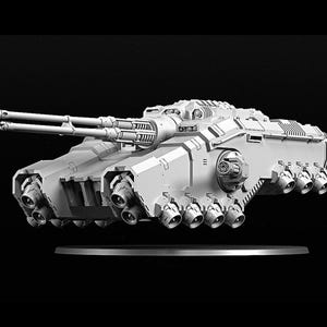 May include: A light gray model of a futuristic tank, featuring dual cannons and multiple exhaust ports. The tank is elevated on a circular base against a black background, showcasing its detailed design.