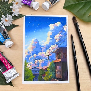 Impression de style anime scène coucher de soleil