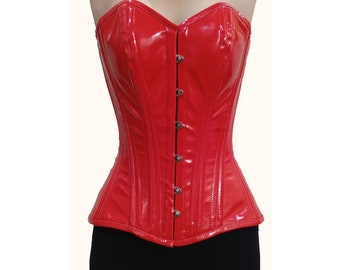 Costume de sablier désossé en acier Overbust robuste, corset gainant en PVC pour tenues de soirée, rouge