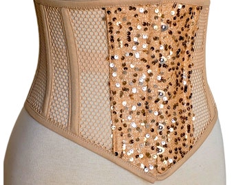 Heavy duty Mesh Underbust Steel boned Orange Corset, Waist Training Body Shaper with glitter
