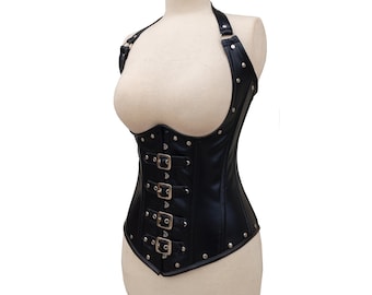 Halter Neck Hourglass underbust steampunk costume Steel Boned body shaper gothic Leather Corset with buckles