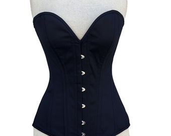 Overbust Steel Boned Hourglass Corset Navy Blue  Cotton Costume body shaper for Formal Wear