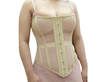 Heavy duty Mesh Overbust Steel boned Nude Corset, Waist Training Body Shaper