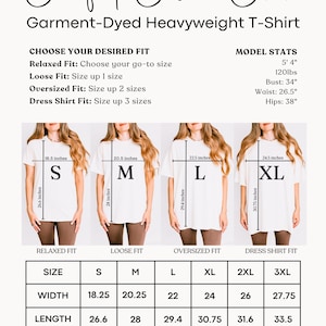 May include: A Comfort Colors 1717 garment-dyed heavyweight t-shirt size chart. It displays four white t-shirts labeled S, M, L, and XL with width and length measurements in inches. A table lists sizes S through 3XL with corresponding width and length.
