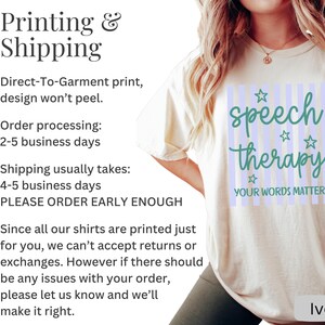 May include: An ivory t-shirt featuring a graphic design with vertical light purple stripes, teal cursive text reading speech therapy, small teal stars, and the text YOUR WORDS MATTER in teal capital letters. The word Ivory appears in a box.