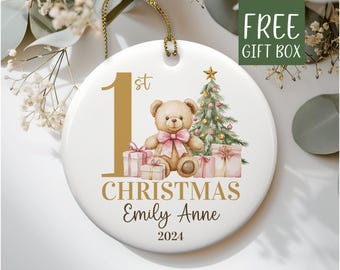 Baby First Christmas Ornament 2025, Personalized First Christmas Ornament Baby Girl Name Baby Shower Gift, Family Keepsake Teddy Bear BFC12